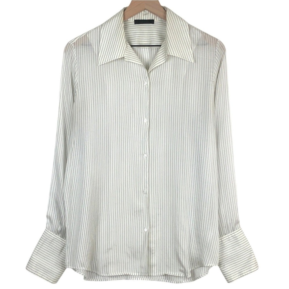 THE ROW 100% Silk Pinstripe Button Up Blouse Sz 8 Ivory Black L/S Wide Cuff USA